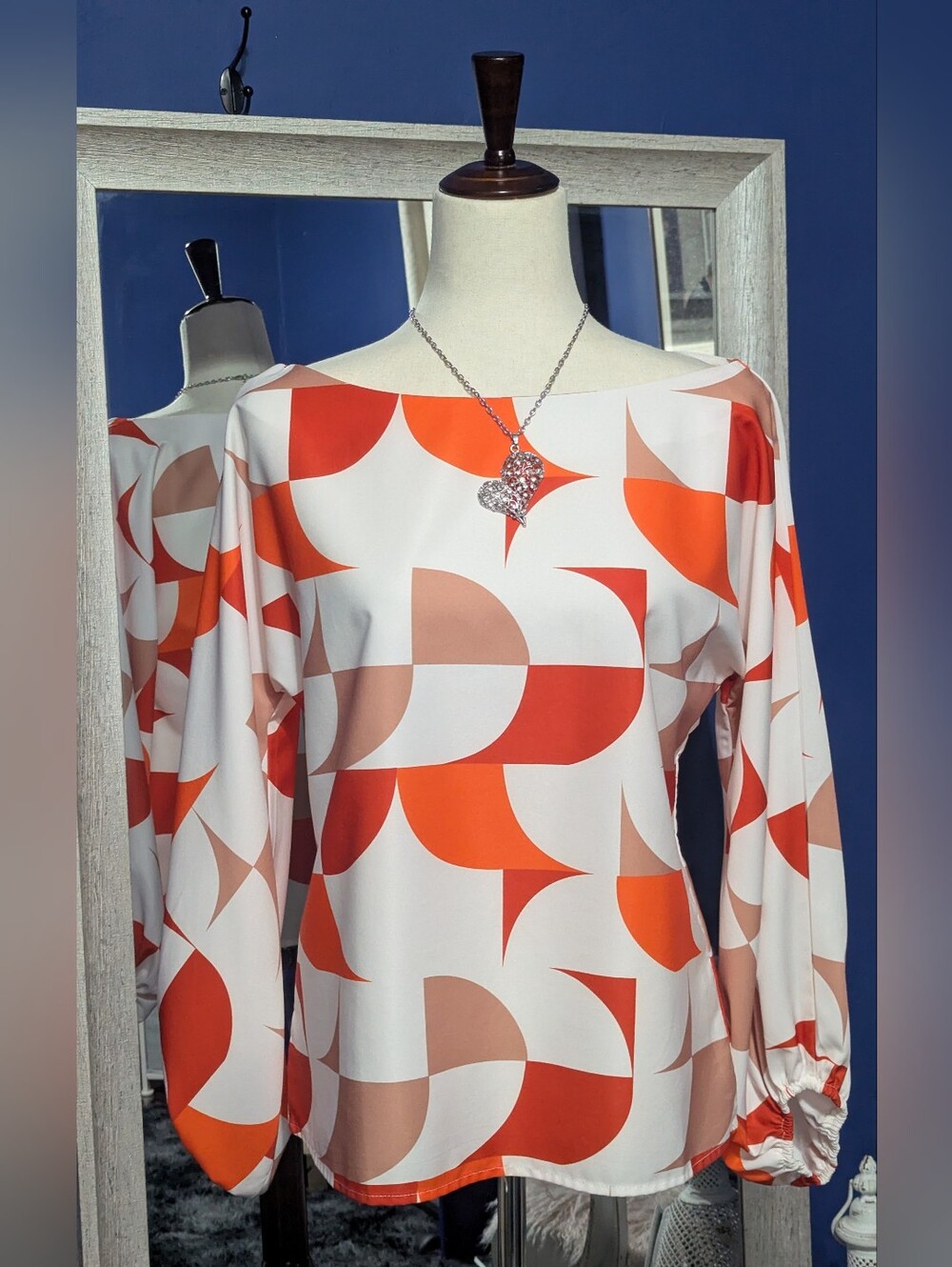 Geometric Boatneck Blouse in Orange and Cream
